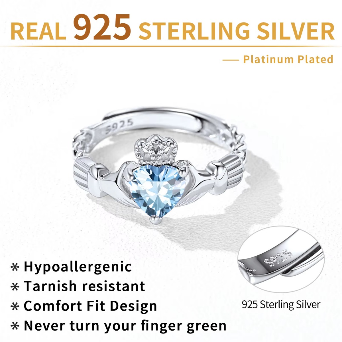U7 3mm 925 argent Claddagh ann - Birthstone Ring Set avis et prix
