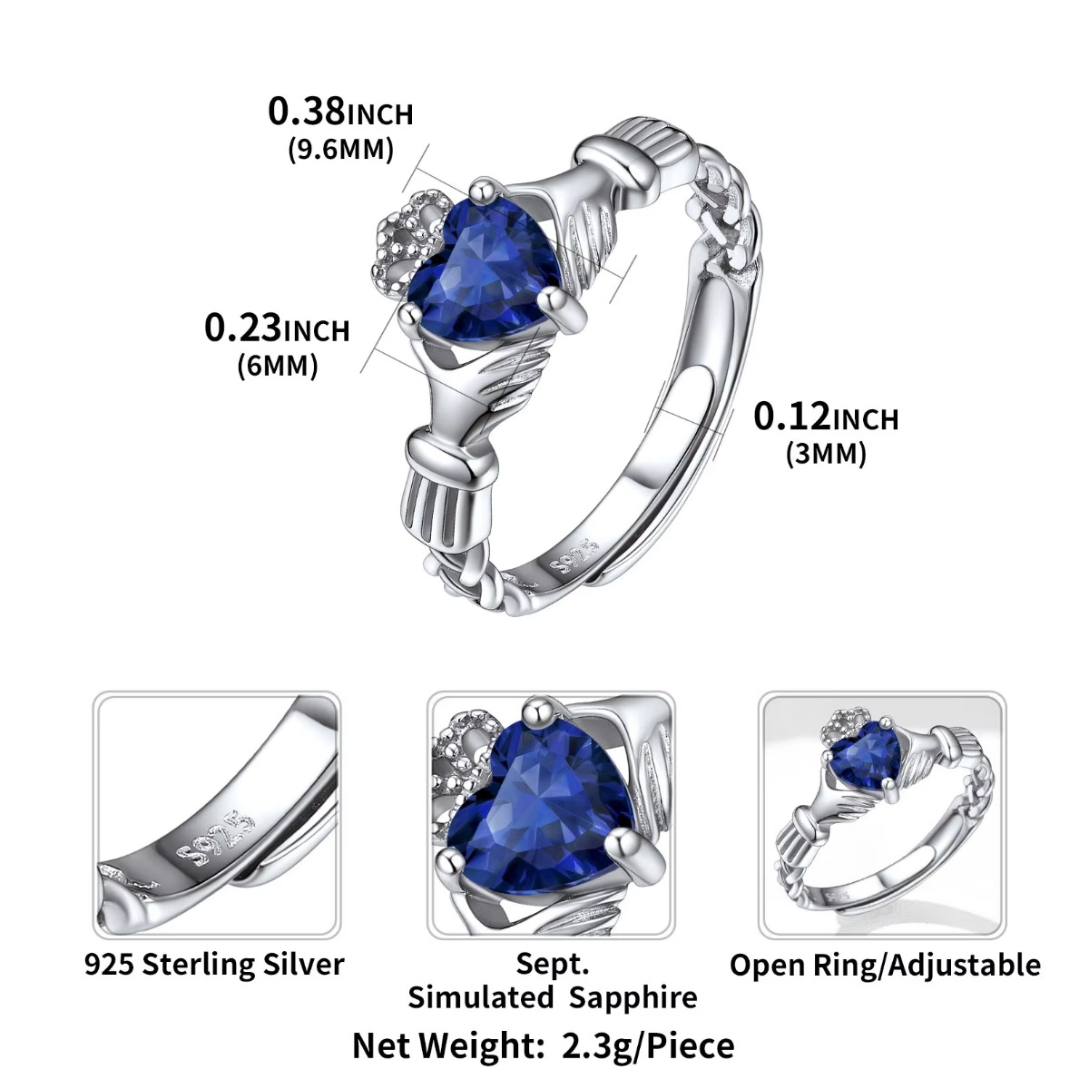 U7 3mm 925 argent Claddagh ann - Birthstone Ring Set avis et prix